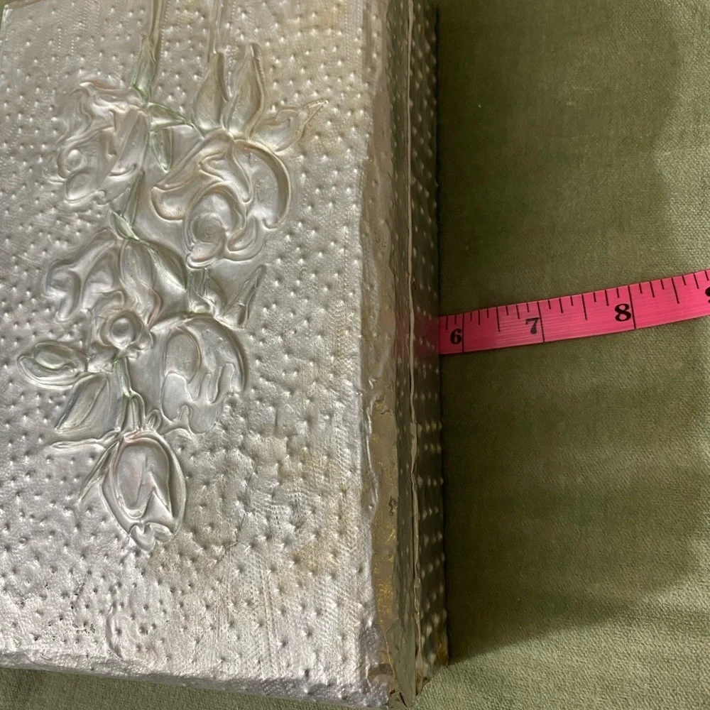 Vintage pewter covered wooden jewelry box with raised roses on top #05